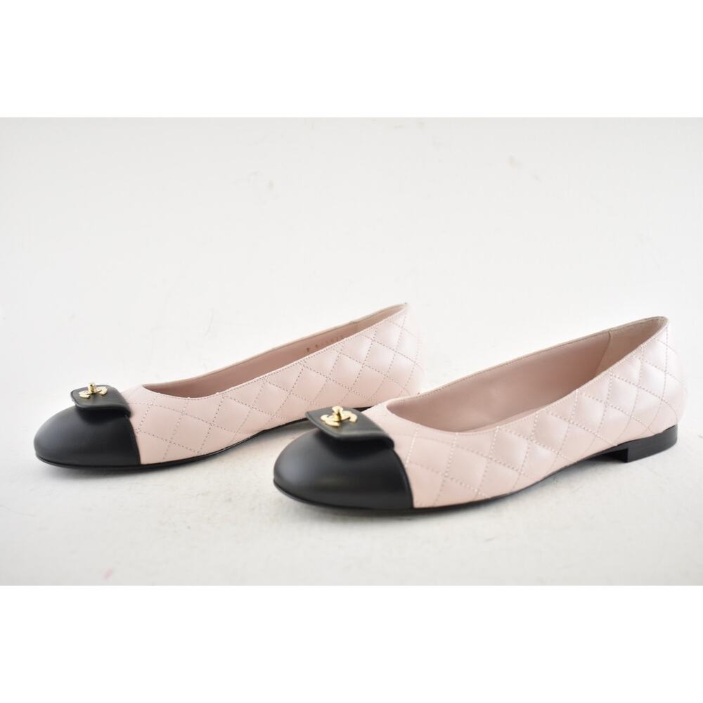Chanel 24B Pink Black Turnlock Gold CC Logo Quilted Ballet Ballerina Flat 38 - Picture 13 of 15